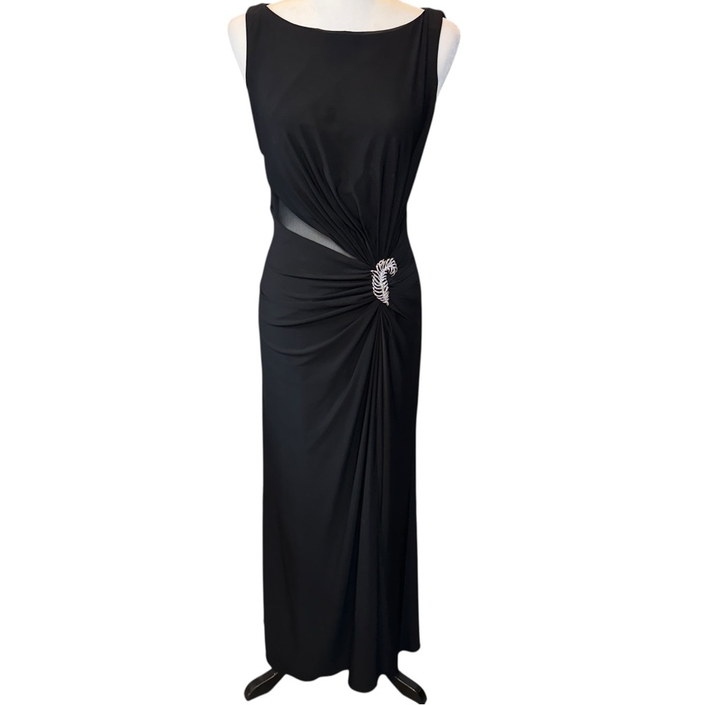 Tadashi Collection Black Mesh Cutout Formal Elegant Gown With Crystal Brooch